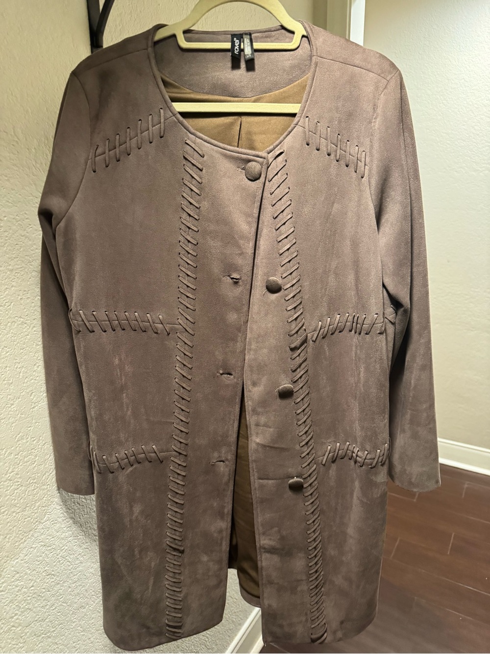 ravel Taupe Suede-Style Long Coat with Whipstitch Trim